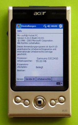 Picture showing Windows CE info screen on Acer n35